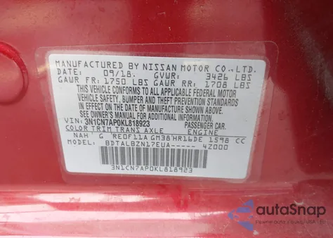 2019 Nissan Versa 1.6 Sv z USA, uszkodzony, nr VIN 3N1CN7AP0KL818923